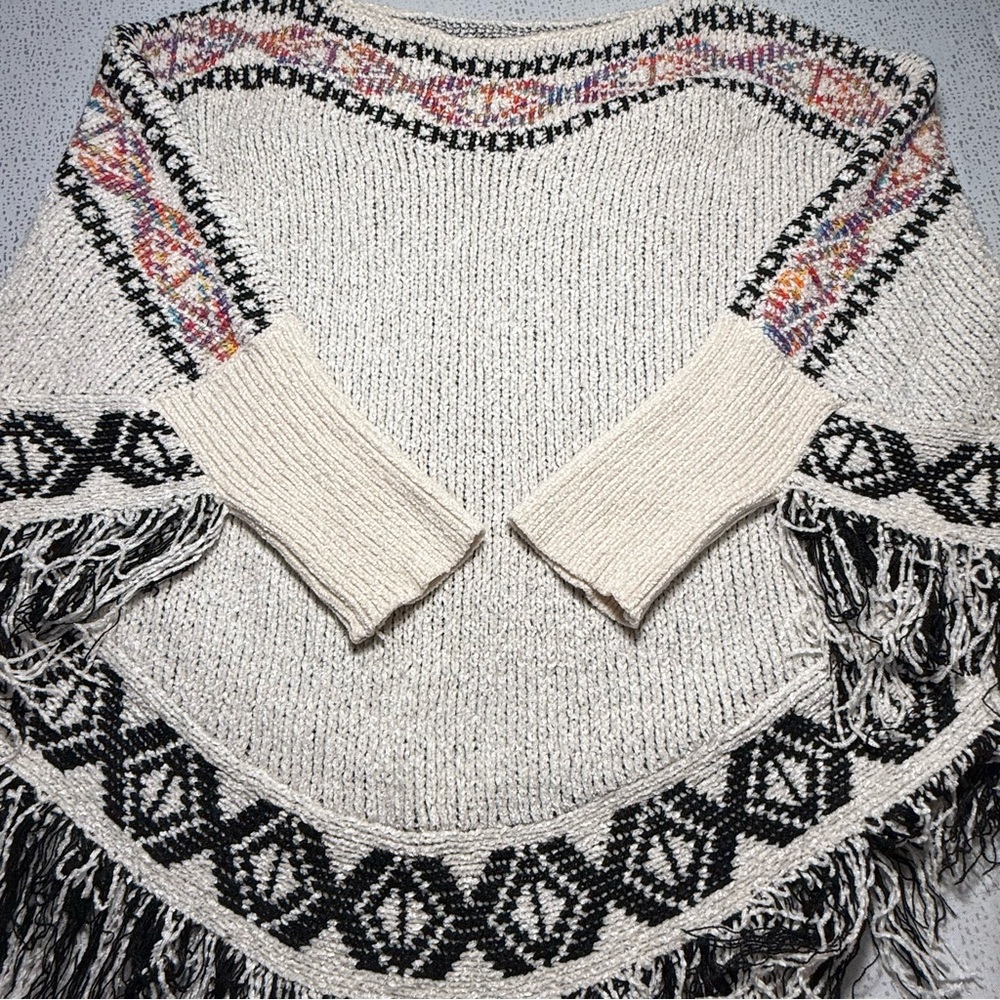 Tribal Design Chenille Poncho Sweater Fitted Cuff - Picture 8 of 11